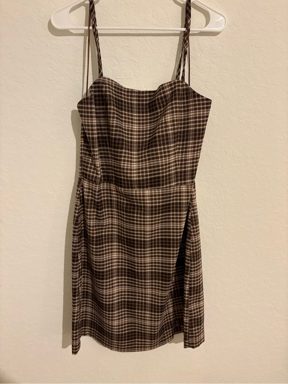 Gianni Bini Brown Plaid Mini Dress with Spaghetti Straps